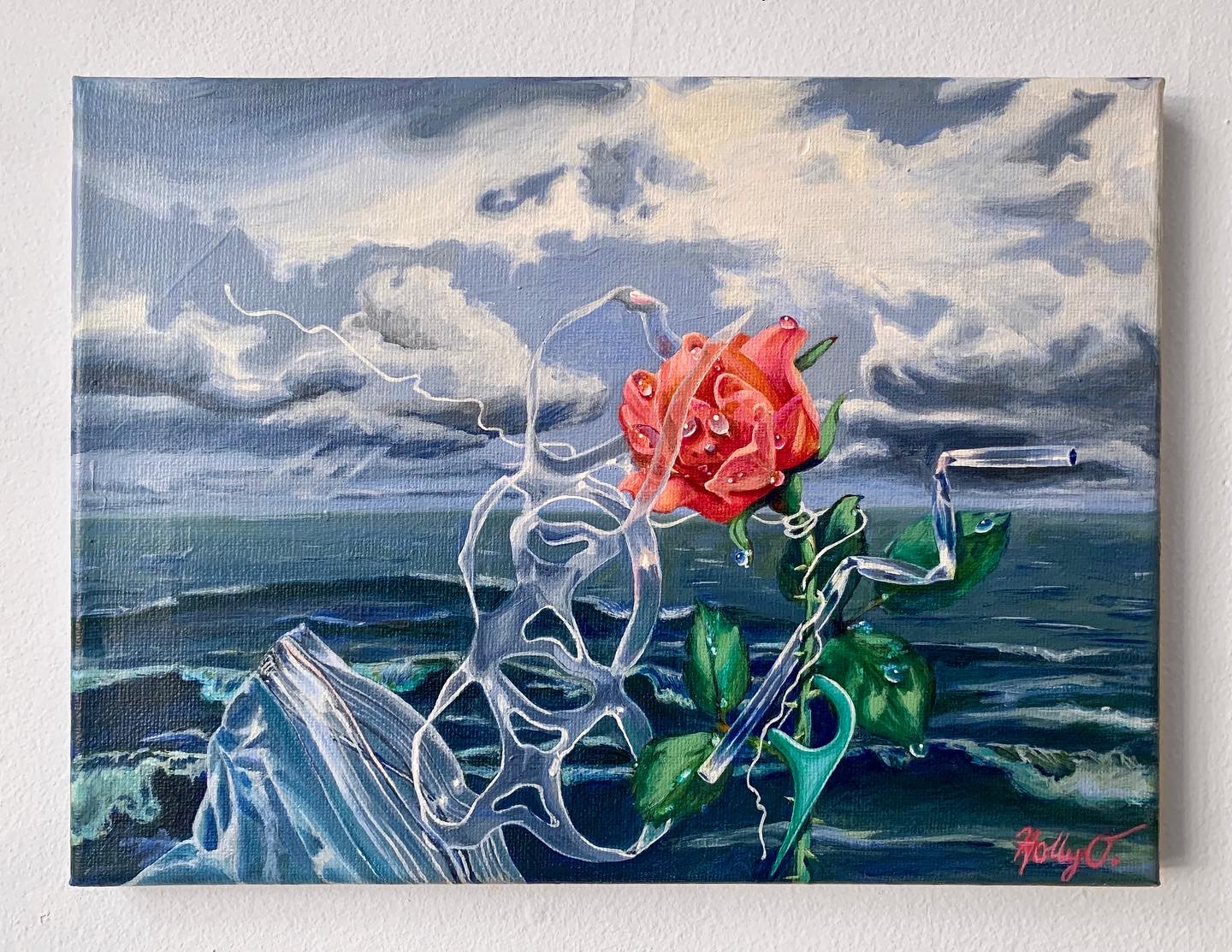 Invasive, 10x12 2020 <br>acrylic on canvas<br><br>This was the first painting I made of this series. I was house-sitting in New Orleans during the Summer of 2020, tending a big rose garden. While cutting back the fast growing weeds every day, I had the idea to represent single use plastics as an invasive weed, and roses to act as solutions, victims, witnesses and souvenirs of environmental concerns.